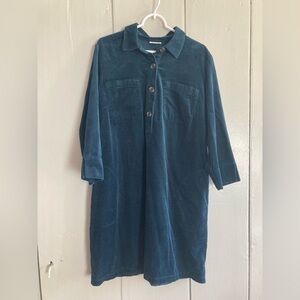 J Jill Corduroy Shirt Dress Womens Size L Teal Ribbed Pockets Buttons Collared